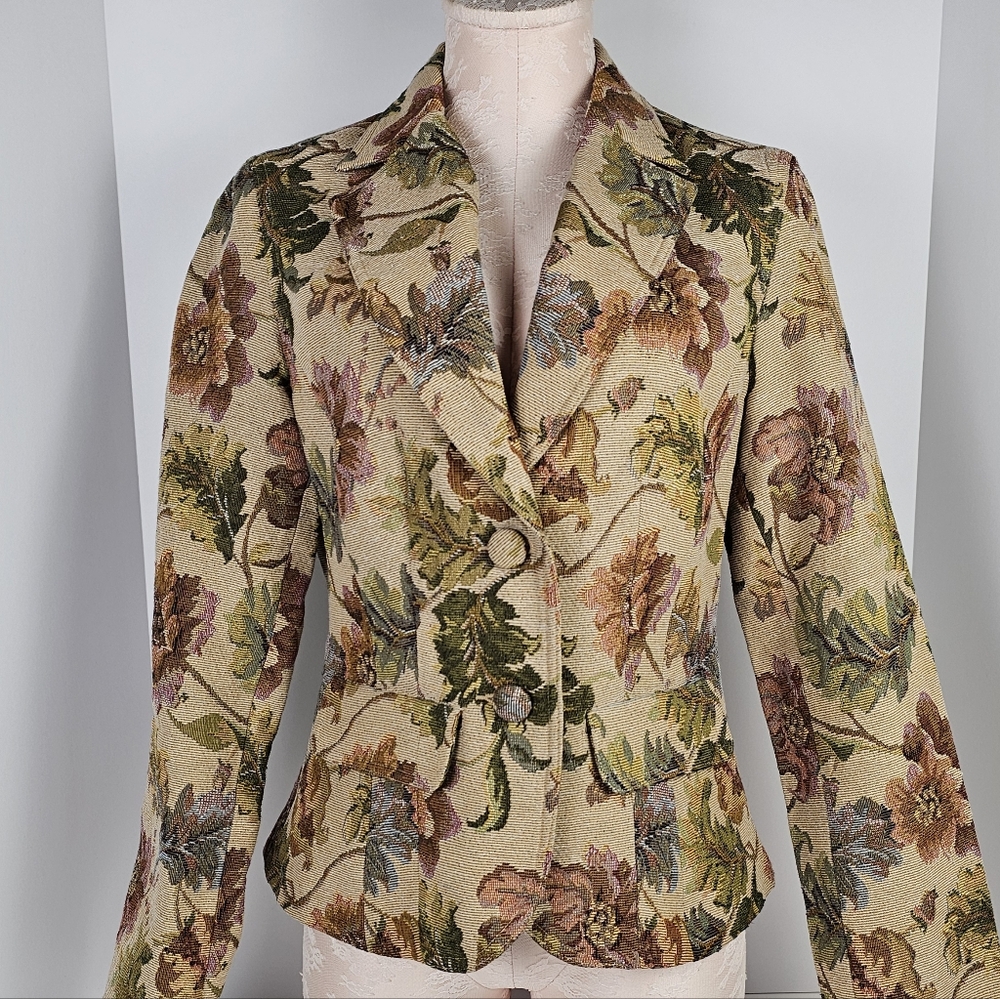 Cottagecore Liz Claiborne Floral Tapestry Blazer Jacket Women M Woven Upholstery
